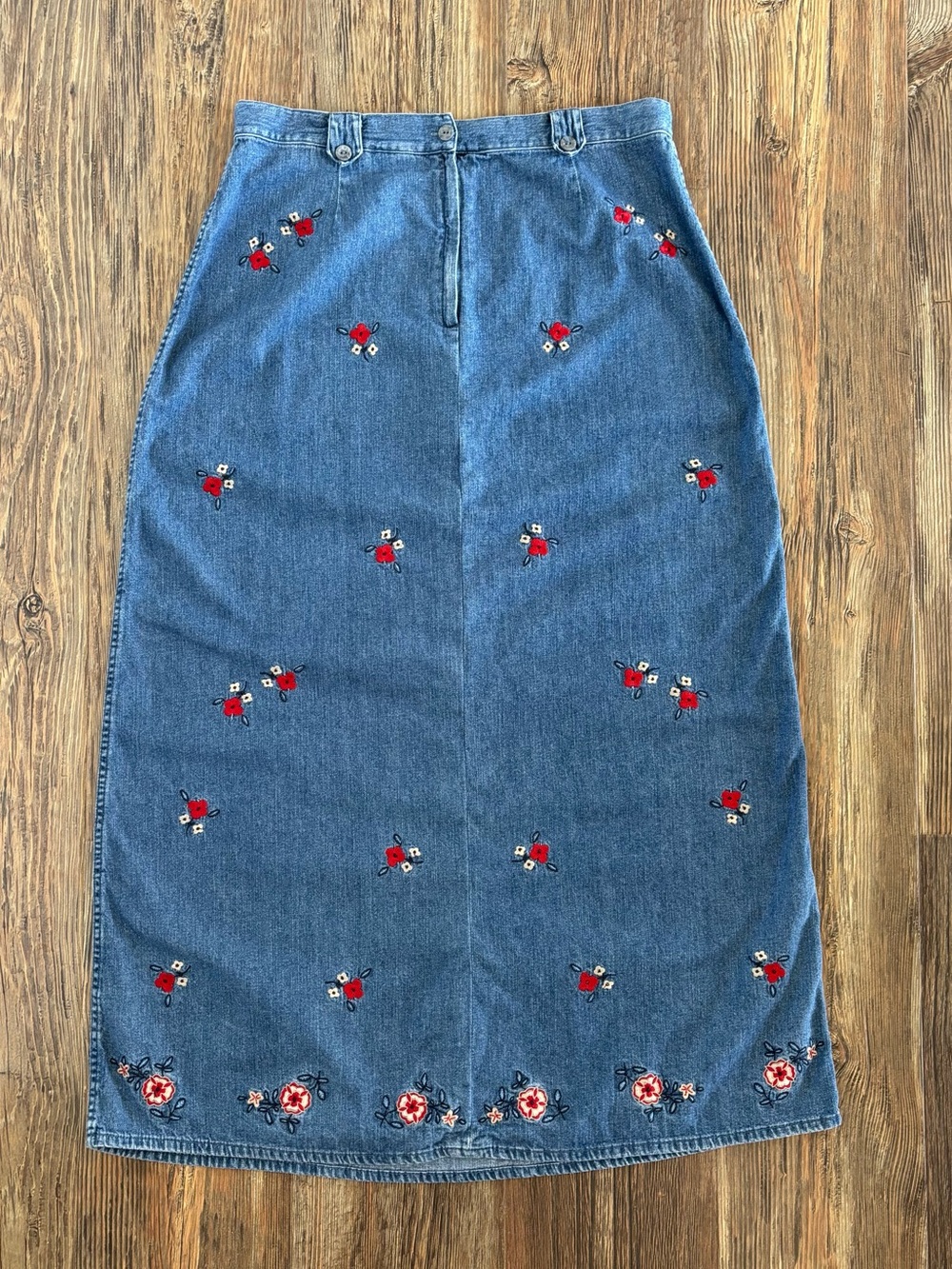 Vtg Christopher & Banks Floral Embroidered Blue Denim Maxi Jean Skirt Womens 14 - Picture 3 of 10